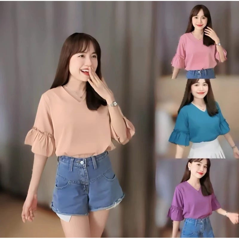 เสื้อคอวีแขนระบาย 3 ส่วน ลุคคุณ