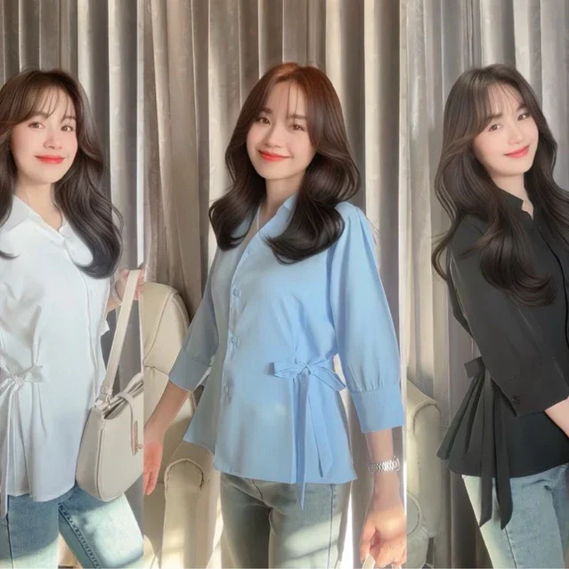 เสื้อเชิ้ตผู้หญิงคอวีผูกโบว์เอว รุ่น Luna Lace